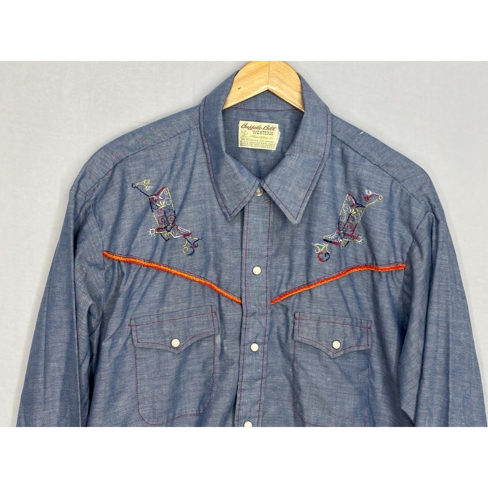 Buffalo Bill Western Shirt Mens Chambray Pearl Snap Embroidered Flap‎ Pockets XL